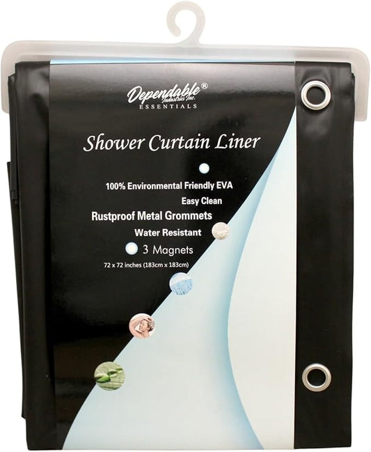 Dependable Industries inc. Essentials Premium 6 Gauge EVA Shower Curtain Liner - PVC Free Magnetized Bottom Odorless with Rustproof Grommets (Black)