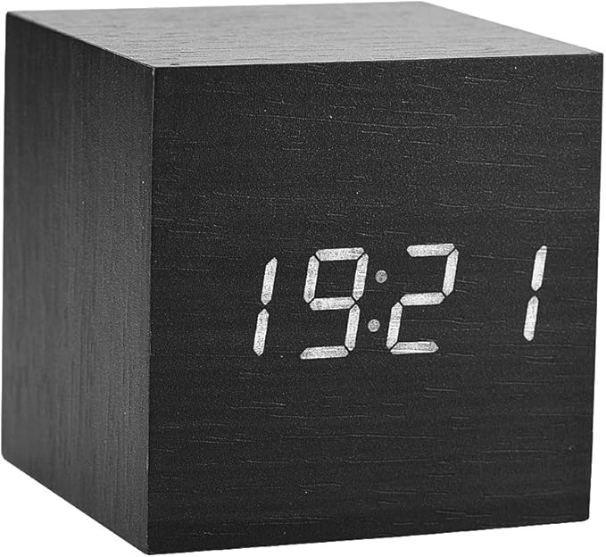 Wooden Alarm Clock, Voice Control Time Temperature Date Multi Display Clock for Bedroom Desk Travel Clock 6x6x6cm