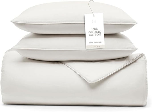 BOLL & BRANCH Signature Comforter Set - Twin/Twin XL, White - Duvet Insert and Cover in One Layer - Luxury Organic Cotton, Down Alternative, Hypoallergenic, All-Season - 1 Comforter and 2 Shams