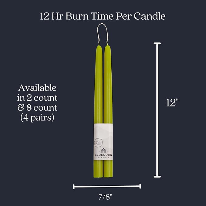 Bluecorn Beeswax Taper Candles, 100% Pure Natural Bees Wax, Pair of 12 Inch Sage Green Tapered Candlesticks, Clean Burning & Dripless, Fragrance Free, Long Lasting, Home Decor, American Made, 1 Count