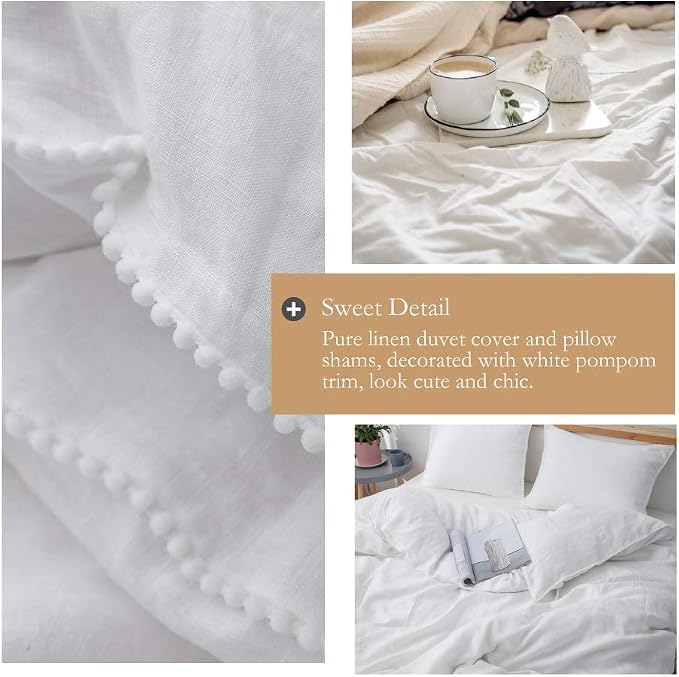 Simple&Opulence 100% Washed Linen Duvet Cover with Pom Pom Trim, Natural French Flax Bedding Set Soft Breathable,1 Farmhouse Boho Comforter Cover and 2 Pillow Shams(Queen,Pure White)