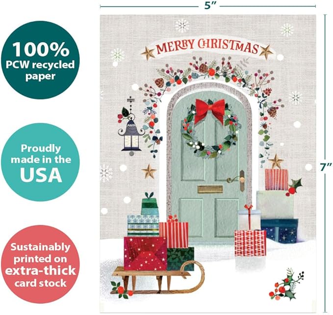 Tree-Free Greetings - Season's Greeting Card - Artful Designs - 1 Card + Matching Envelopes - Made in USA - 100% Recycled Paper - 5 x 7 - Festive Door (VO80665)