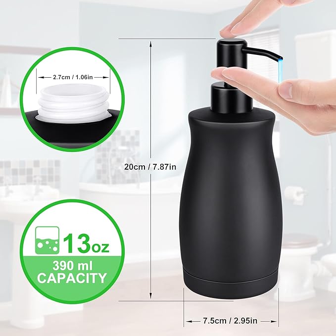Stainless Steel Countertop Matte Black Soap Dispenser Liquid Bottle for Kitchen & Bathroom Hand Dish Lotion (Matte Black, 390ml/13oz)