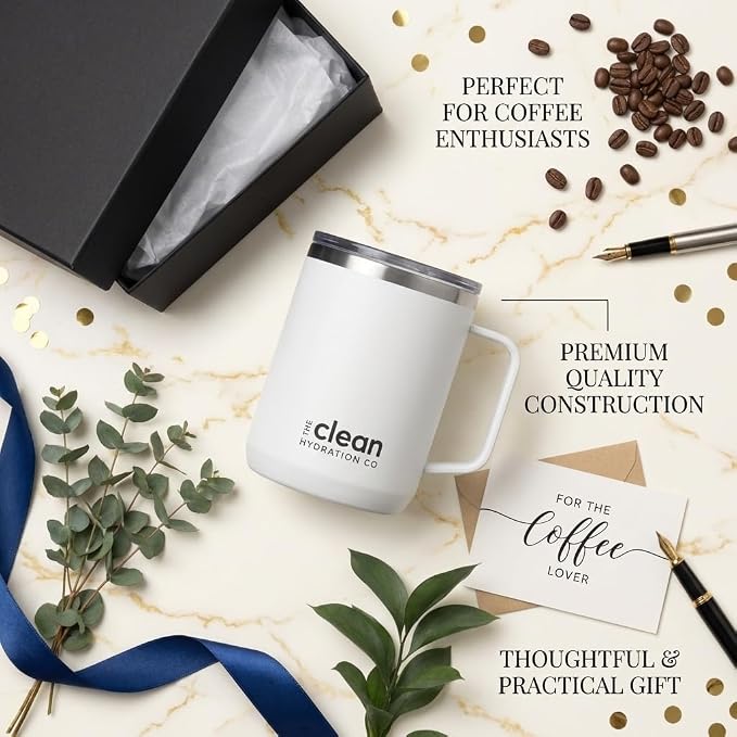 Coffee Mug Travel Mug Insulated 12 Oz | Ceramic Lined Travel Cup with Lid | Reusable Office Mug Double Wall Vacuum Eco-Friendly BPA-Free (Aqua) (White)