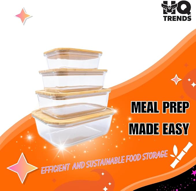 HQ Glass Container with Natural Brown Wooden Bamboo Lid Eco-Friendly Storage Airtight 51 oz Rectangular Baking Dish Storage Refrigerator Boxes 1520 ML