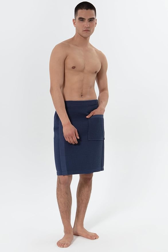 SEYANTE Men's Organic Waffle Spa Wrap – GOTS Certified 100% Turkish Cotton, Adjustable Closure, Same-Color Piping