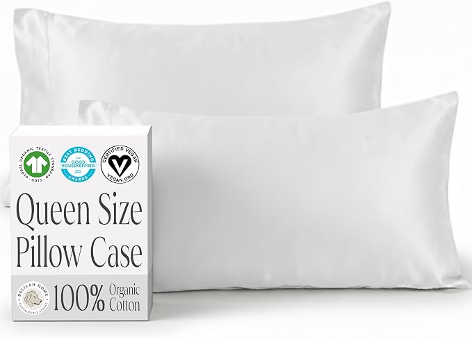 Delilah Home 100% Organic Cotton Queen Pillow Case, GOTS & Vegan.org Verified, Long Stem 300 TC Sateen Bedding, Non-Synthetic, Deep Pocket Fitted Linen, Lightweight, All-Season, 2 Pieces Set - White