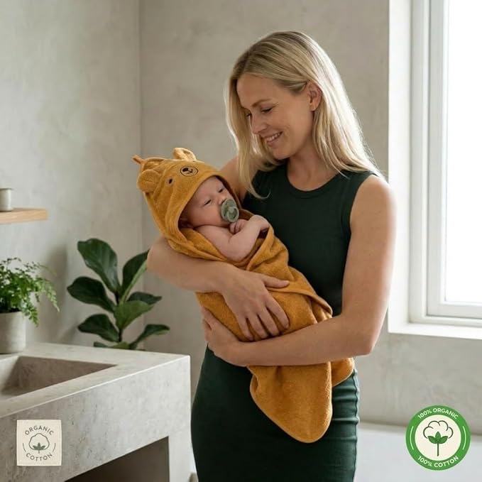 Hooded Baby Towel – 100% Organic Cotton Baby Bath Towels – Baby Boy and Girl Newborn Essentials - Super-Soft and Absorbent. (Bear - Autum Yellov)