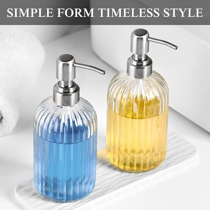 2 Pack Clear Glass Hand Soap Dispenser Set 18oz Bottle with Silver 304 Rustproof Stainless Steel Pump for Kitchen and Bathroom