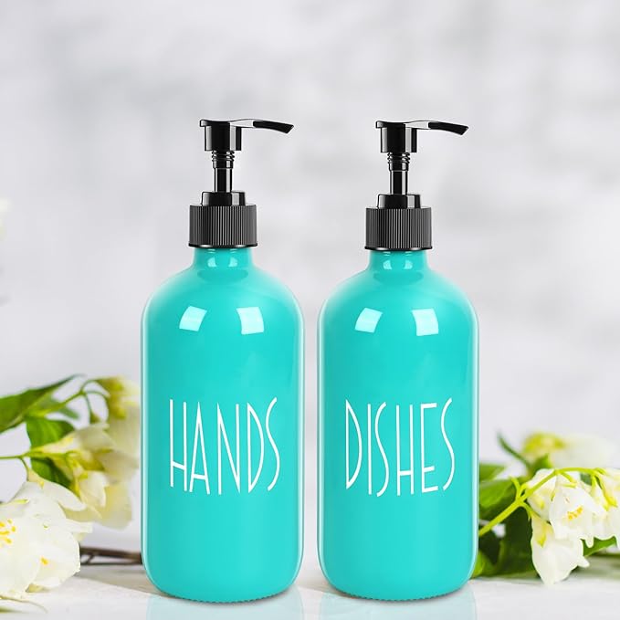 Glass Soap Dispenser with Plastic Pump for Kitchen - 16 OZ Glass Hand, Dish Soap Dispenser Set - Kitchen, Bathroom Decor and Accessories (Teal)