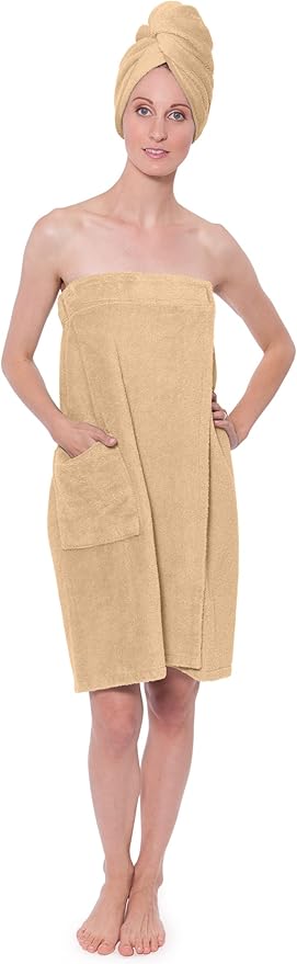TexereSilk Women's Towel Wrap - Rayon Spa Wrap Set (Large/X-Large, Almond Buff)