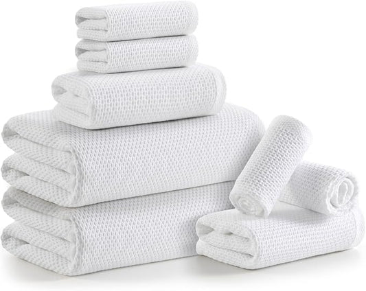 REDKISS Quick Dry Waffle Towel Set of 8, 100% Cotton,Lightweight & Highly Absorbent Waffle Towels for Bathroom, Spa, Gym, Pool-2 Bath Towels, 2 Hand Towels & 4 Washcloths,White