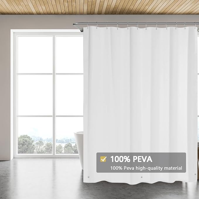 TIKABC White Shower Curtain Liner, 4G PEVA Shower Liner, Plastic Peva Waterproof Shower Curtains, 72x72 inch with Grommet Holes 3 Magnetic Weights