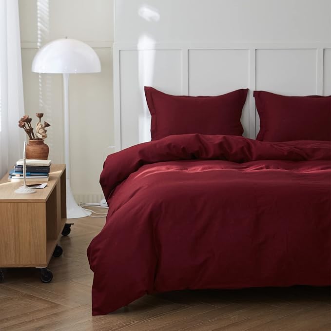 Simple&Opulence French Linen Duvet Cover Set 104"x 92"- 3 Pieces (1 Comforter Cover,2 Pillowcases)-Natural Flax Cotton Blend-Solid Color Breathable Farmhouse Bedding-Burgundy, King