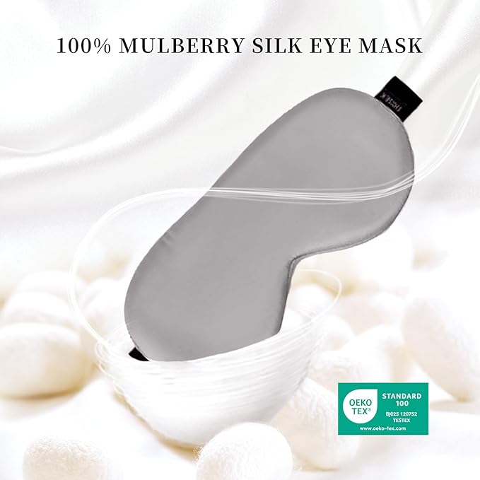 THXSILK Sleep Mask 100% 19 Momme Pure Mulberry Silk Super Smooth Cooling Sleep Eye Mask Blackout for Women/Man/Kids Eye Cover with Wide Head Strap Good Night Sleep Comfortable Travel and Nap, Grey