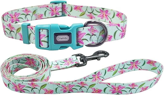 Dog Collar Leash Set, Floral Pattern, Polyester Material, Adjustable Collar and 5ft Matchcing Leash, for Small Dogs.(S, Green Lily)