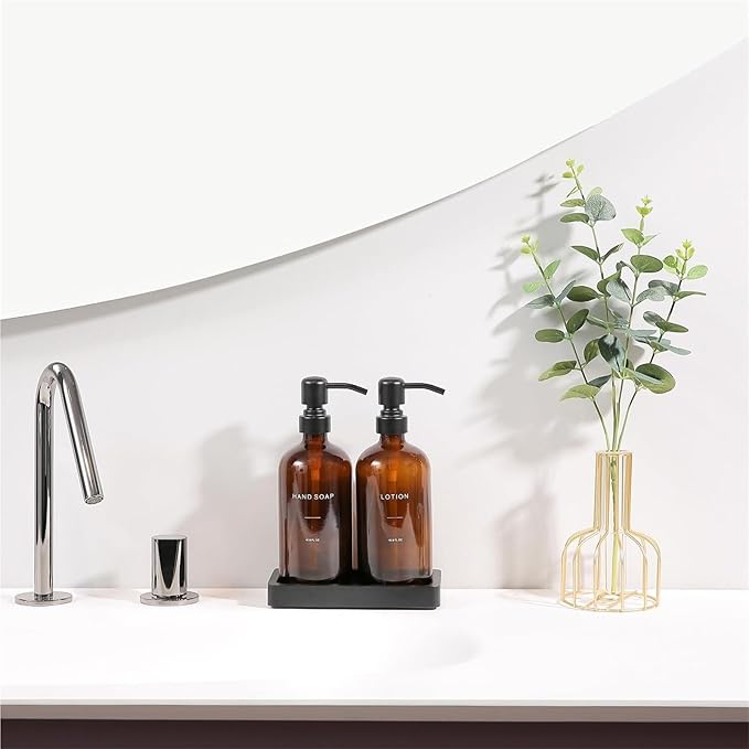 Liquid Dispenser Soap Dispenser Set Glass with Stainless Steel Pump Countertop Soap Bottle(Black Pump+Amber Bottle)