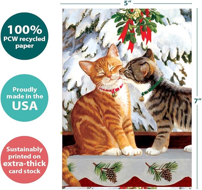 Tree-Free Greetings Kitten Kiss Holiday Cards - 10 Recycled 5x7 Cards & Matching Envelopes, Thick Cardstock, Sustainably Made in USA - Sweet Loving Joy