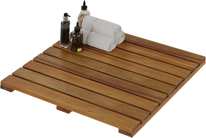 Solid Acacia Wood Shower Mat, Non Slip Bathroom Mat (19.6"×19.6“, Medium) Sturdy Floor Mat for Spa Home or Outdoor Shower, Easy to Clean, Quick Drying