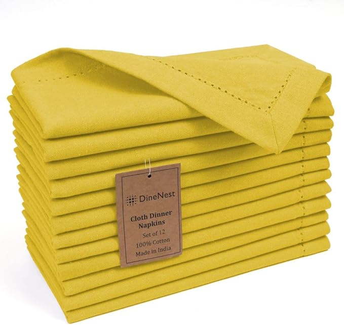 Hemstitch Cloth Dinner Napkins 100% Cotton Set of 12 - for Dining Special Occasions Weddings Parties Holidays Easter - Soft Durable Reusable - Elegant 18x18 Inch Table Cloth Napkins Yellow