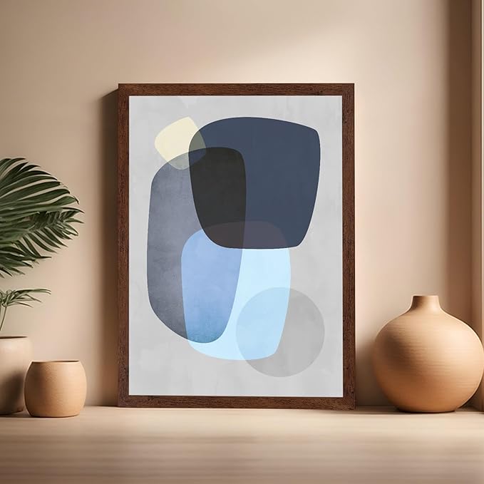 Monem Art Abstract Blue Shapes Print - Scandinavian Minimalist Art Poster - Wall Decor for Living Room, Bedroom or Office - 16x20 Brown Framed Wall Art by Mareike Bohmer
