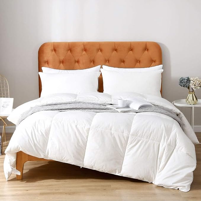 Feathers Down Comforter Oversized King - 100% Organic Cotton Quilted Medium Warm All Seasons Duvet Insert or Stand-Alone Comforter (120x98, Ivory White)