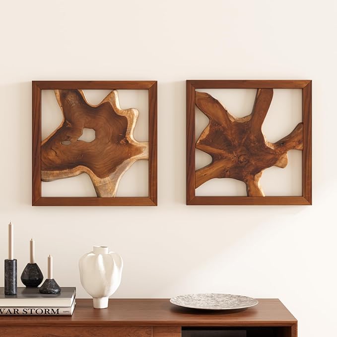 JOLLYMER 2 Pack Live Edge Teak Wood Wall Decor, Rustic Wooden Wall Art, Handcrafted Home Decoration for Living Room Bedroom Office, 17"x17" Natural Frame