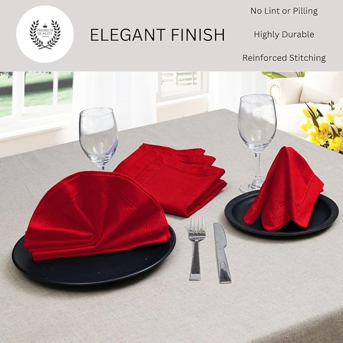 Hemstitch Cloth Dinner Napkins 100% Cotton Set of 12 - for Dining Special Occasions Weddings Parties Holidays Easter - Soft Durable Reusable - Elegant 18x18 Inch Table Cloth Napkins Red