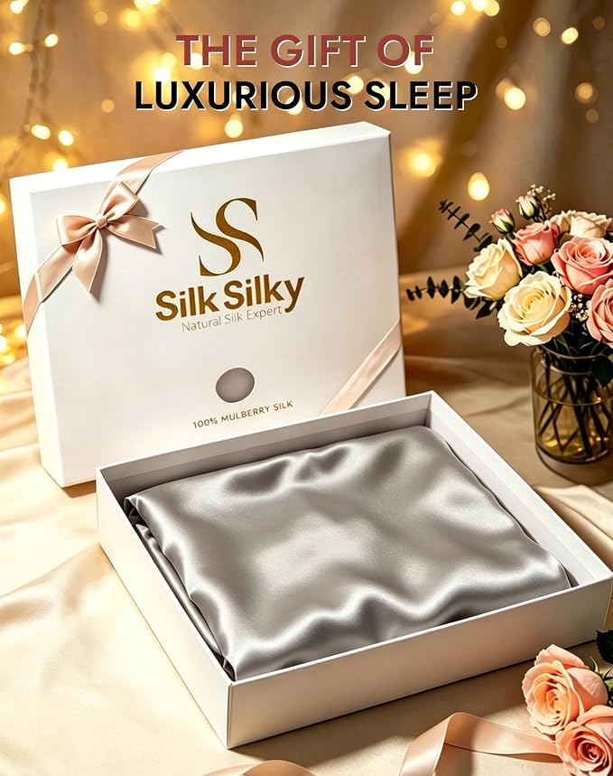 SilkSilky Luxury 30 Momme 100% Pure Organic Mulberry Silk Pillowcase for Hair & Skin, Grade 6A+ Silk Pillow Cases with Hidden Zipper, Cooling Silk for Deep Sleep (Standard 20''x26'', Silver)