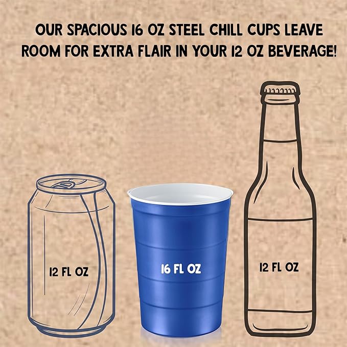 Steel Chill Cups 16 oz. Party Cups, Perfect for Cold Drinks, Sturdy & Durable, Disposable and 100% Recyclable, Made in USA, Blue, 12 Count