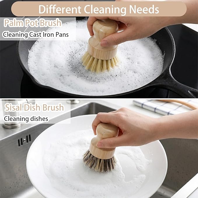 7-Piece Bamboo Dish Brush Set, Natural Kitchen Scrub Brush Kit with Wooden Handle for Pots, Pans, Vegetables, Eco-Friendly Cleaning Tools
