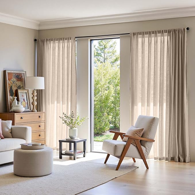 jinchan Extra Wide Sliding Door Curtain 84 Inch Length Taupe Linen Curtains Semi Sheer Drapes for Patio Door Living Room Bedroom Home Office Light Filtering Drapes 100 Inches Wide 1 Panel