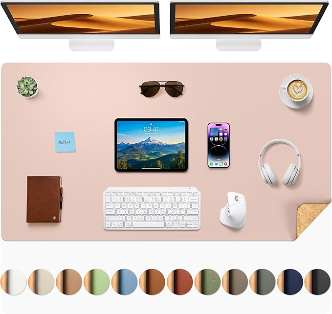 Aothia Cork Desk Mat - Dual-Sided XL PU Leather Desk Pad & Full Desk Protector, Large Waterproof Desktop Mat for Office & Gaming (47" x 23.6", Pink)