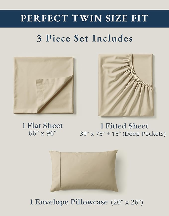 LANE LINEN 100% Organic Cotton Twin Size Bed Sheets, Fully Elasticized Mercerised Cotton Bed Sheet Set, Soft & Comfy Low Pill Face Resistant Bedding Sheets & Pillowcase Set- Linen