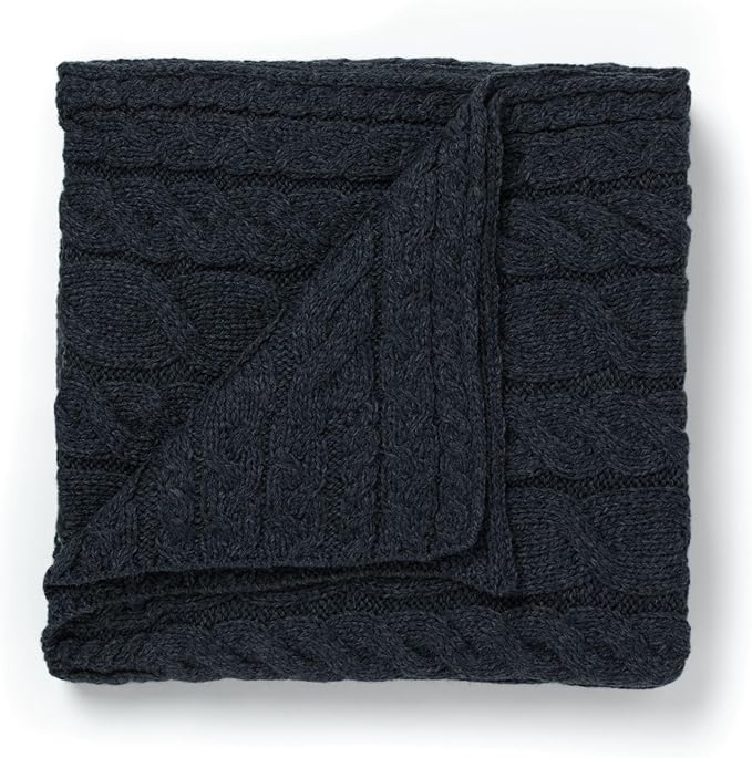 Aran Woollen Mills Cable Throw Blanket, 100% Supersoft Merino Wool, Made in Ireland, Silver Strand, Charcoal, 40" x 60"
