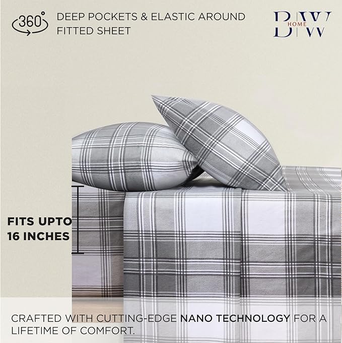 Briarwood Home® Printed Flannel Sheet Set, 100% Natural Cotton, Soft, Warm & Deep Pocket, Advanced Nano-Tech Making it Resistance to Pilling; Brushed 6 Times for Softness (Grey Plaid, Twin)