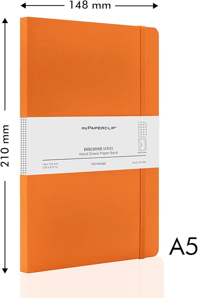 myPAPERCLIP Executive Series A5 Checks/Square Grid Notebook | 192 Pages, 80 GSM, Soft Cover, A5 (5.83 x 8.27 in) | Flat Lay | Bookmark, Elastic Closure & Back Pocket | Orange