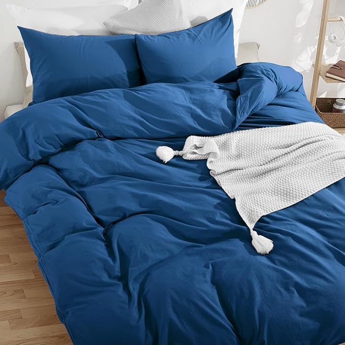 NEXHOME PRO Duvet Cover Set 100% Washed Cotton Oversized King 120"x98" Linen Feel Textured Organic 3 Pieces Bedding Set with Zipper Closure and Corner Ties, Breathable (Navy Blue, No Comforter)