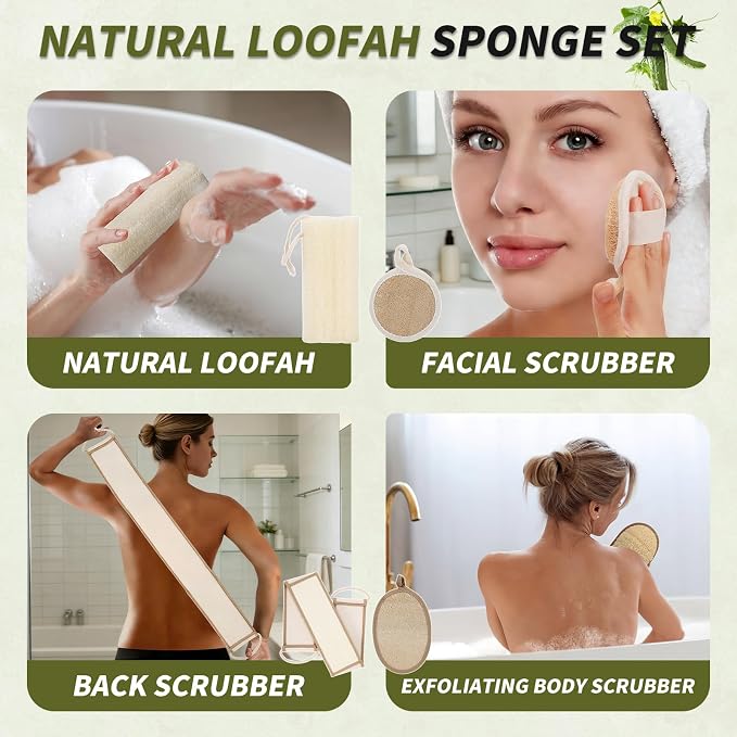 DEBETOOL 4 Piece Natural Loofah Back Scrubber with Face Scrubber Pad for Shower - Exfoliating Loofah for Women and Men Glowing Skin