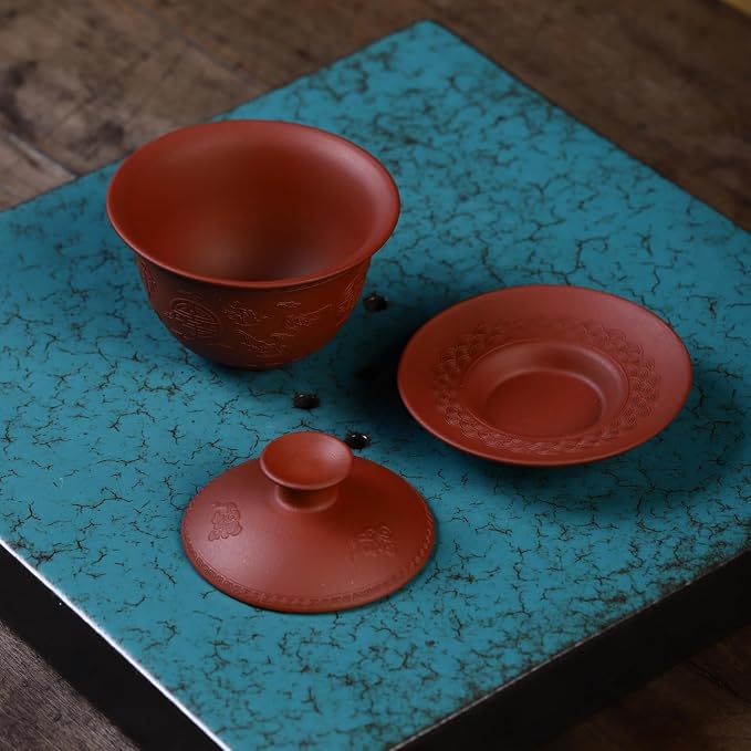 Yixing Clay Zisha Gaiwan 5 Oz/150ml,Chinese Kungfu Tea Bowl Cup,Blooming and Loose Leaf Tea Cup Set -Red Clay