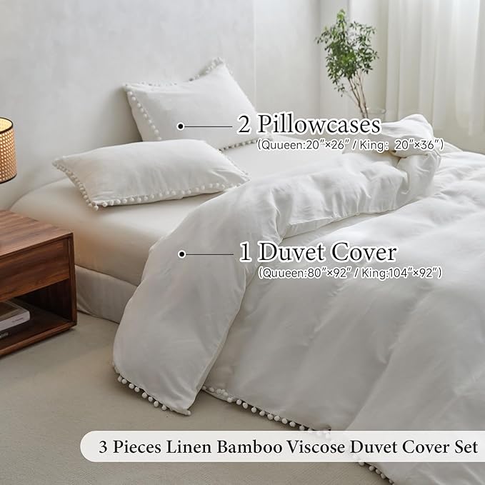Simple&Opulence French Linen Blended Duvet Cover Queen, Flax Viscose Derived from Bamboo Bedding Set with Pom Pom Trim Soft Cooling for Hot Sleepers, 1 Boho Comforter Cover and 2 Pillow Shams, White
