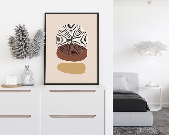 Boho Abstract Wall Art Minimalist Stacked Stones Circles Earth Tones Terracotta Mid Century Modern 12x16 Inch Oak Wood Black Framed Zen Meditation Print for Living Room Office Decor