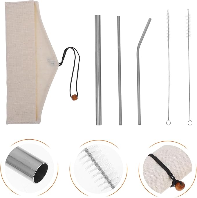 COHEALI Reusable Stainless Steel Drinking Straws Set, Gold-plated Thickened Straight and Curved Metal Straws with Cleaning Brush and Storage Bag, Silver 6pcs Kit for Travel and Home Use