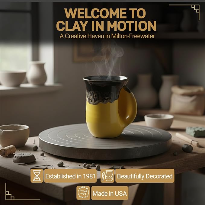 Clay in Motion Hand Warmer Coffee Mug – Handmade Coffee Mug With Comfortable Handle Contoured Pocket Hand Warming Ceramic Coffee Mug – Proudly Made in USA – Right Handed – 14 Oz - Yellow Black