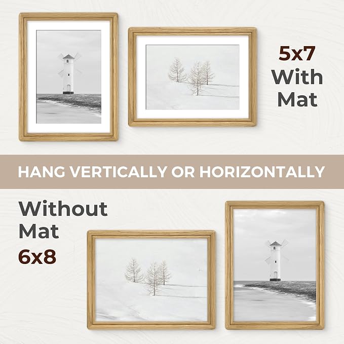 6x8 Picture Frame with Mat for 5x7, USA-Sourced Natural Oak Wood Handcrafted Rounded Corner with HD Tempered Glass, 6 x 8 Photo Frames Gallery Wall & Tabletop, Vertical or Horizontal Display