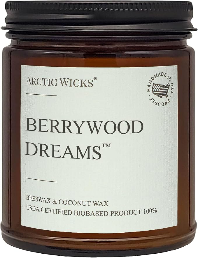 Arctic Wicks Scented Coconut Beeswax Candles | Coconut Beeswax Non Toxic Candle 9oz Amber | Farmhouse Candles Non-Toxic Clean Burn 100% USDA Certified Biobased (Berrywood Dreams)