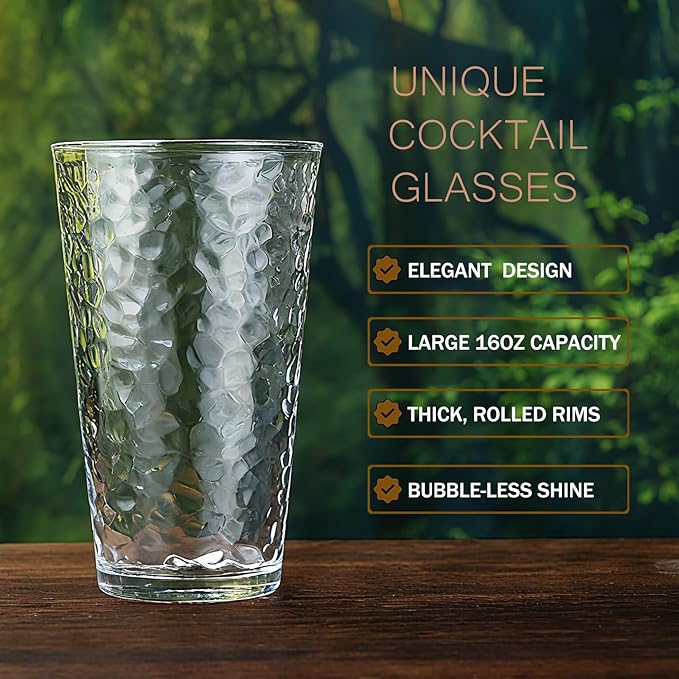 ALINK 16 oz Drinking Glasses, Set of 6 Hammered Glass Cups, Clear Heavy Base Stemmed Highball Water Glasses for Beer, Iced Coffee Cups, Cocktail Glasses, Wine, Iced Tea, Dishwasher Safe
