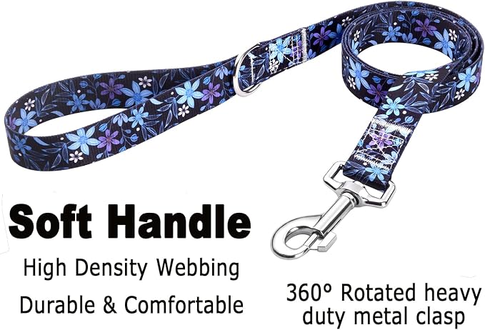 Mihqy Dog Collar and Leash Set with Bohemia Floral Tribal Geometric Patterns - Soft Ethnic Style Collar Adjustable for Small Medium Large Dogs(Blue Floral Set,XS)