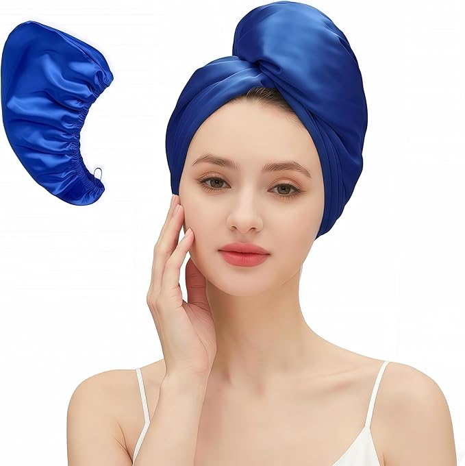 Satin Microfiber Hair Towel Wrap for Quick Drying & Anti-Frizz - Super Absorbent, Hair Turbans for Wet Hair, Ideal for Long, Short, Curly Hair (Navy Blue)
