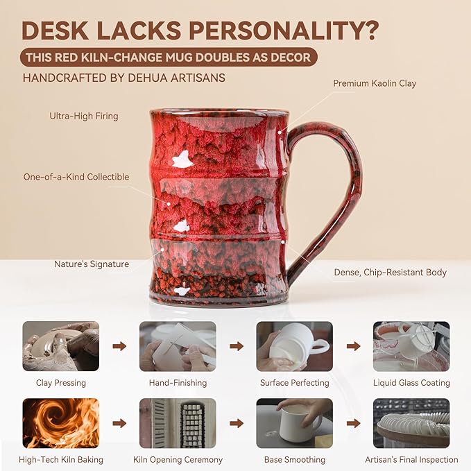 22oz Red Kiln-Change Ceramic Coffee Mug with Ergonomic Handle, 1340℃ High-Fire Unique Large Mug - Lead-Free, Microwave Safe, Great Gift for Valentine’s/Mother’s Day